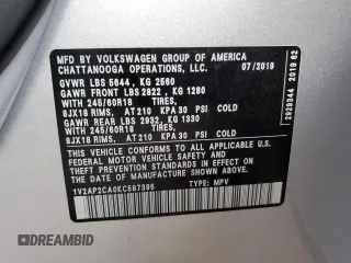 2019 Volkswagen Atlas S z VIN 1V2AP2CA0KC587395, wystawiony jako Copart lot #69714514 z przebiegiem 70 870 mil mil oraz Nie do naprawy • Non repairable. Historia ofert i sprzedaży dostępna na DreamBid. Obrazek 14.