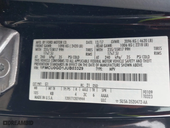 2018 Ford Escape SE with VIN 1FMCU0GD1JUB03329, listed as a IAAI auction lot 41040155 with 61,006 mi miles. Bid and sale history available at carsss.com. Image 9.