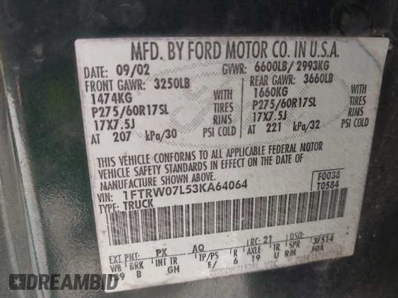 2003 Ford F-150 XLT with VIN 1FTRW07L53KA64064, listed as a IAAI auction lot 41697350 with 227,114 mi miles. Bid and sale history available at carsss.com. Image 9.