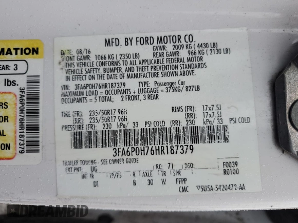 2017 Ford Fusion SE with VIN 3FA6P0H76HR187379, listed as a Copart auction lot 43791035 with 144,537 mi miles and Salvage Title. Bid and sale history available at carsss.com. Image 12.