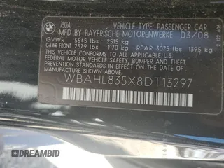 2008 BMW 7 Series 750i with VIN WBAHL835X8DT13297, listed as a Copart auction lot 61523864 with Not Provided miles and Salvage Title. Bid and sale history available at DreamBid. Image 12.