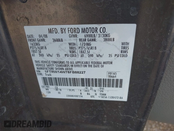 2008 Ford F-150 XL with VIN 1FTRW14W78FB88227, listed as a IAAI auction lot 42191567 with 176,927 mi miles and . Bid and sale history available at DreamBid. Image 9.