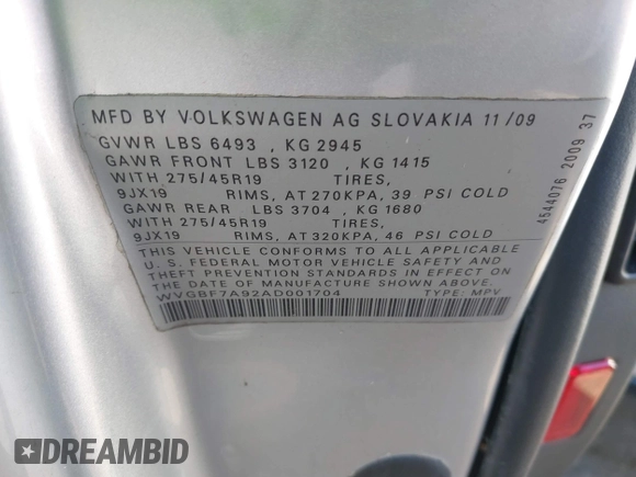 2010 Volkswagen Touareg VR6 with VIN WVGBF7A92AD001704, listed as a IAAI auction lot 41751316 with 80,597 mi miles and . Bid and sale history available at DreamBid. Image 9.