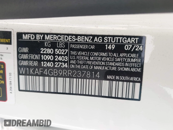 2024 Mercedes-Benz C 300 with VIN W1KAF4GB9RR237814, listed as a IAAI auction lot 42248104 with 3,045 mi miles and . Bid and sale history available at DreamBid. Image 9.