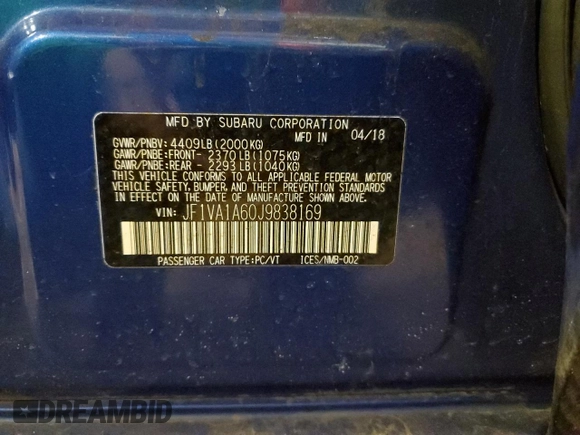 2018 Subaru WRX with VIN JF1VA1A60J9838169, listed as a Copart auction lot 45103435 with 69,562 mi miles and Salvage Title. Bid and sale history available at carsss.com. Image 12.