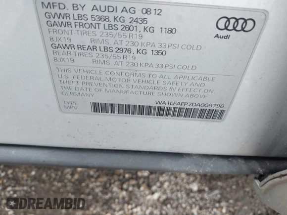 2013 Audi Q5 Premium Plus with VIN WA1LFAFP7DA006796, listed as a IAAI auction lot 42267988 with 148,098 mi miles and . Bid and sale history available at DreamBid. Image 9.