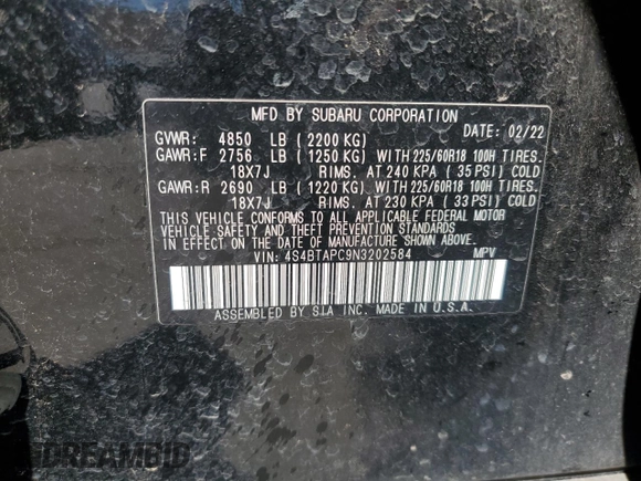 2022 Subaru Outback Touring with VIN 4S4BTAPC9N3202584, listed as a Copart auction lot 50420765 with 47,212 mi miles and Salvage Title. Bid and sale history available at DreamBid. Image 13.