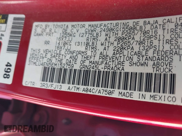 2014 Toyota Tacoma with VIN 3TMLU4EN5EM152759, listed as a IAAI auction lot 41726552 with 194,817 mi miles. Bid and sale history available at carsss.com. Image 9.