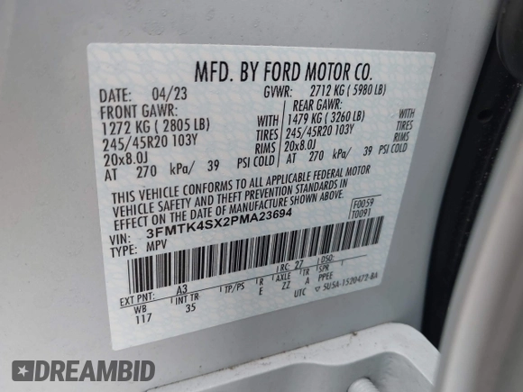 2023 Ford Mustang Mach-E GT with VIN 3FMTK4SX2PMA23694, listed as a IAAI auction lot 41125283 with 15,252 mi miles and . Bid and sale history available at DreamBid. Image 9.