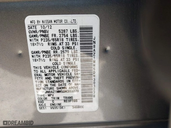 2013 Nissan Murano SL with VIN JN8AZ1MW5DW303278, listed as a IAAI auction lot 41407440 with 117,735 mi miles. Bid and sale history available at carsss.com. Image 9.
