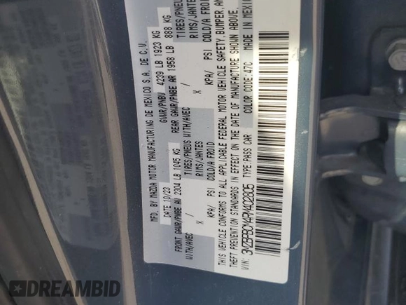 2024 Mazda 3 S Carbon Edition with VIN 3MZBPBCM4RM402805, listed as a Copart auction lot 53740555 with Not provided miles and Salvage title. Bid and sale history available at DreamBid. Image 13.