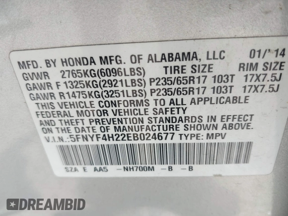 2014 Honda Pilot LX with VIN 5FNYF4H22EB024677, listed as a IAAI auction lot 42645408 with 133,271 mi miles and . Bid and sale history available at DreamBid. Image 9.