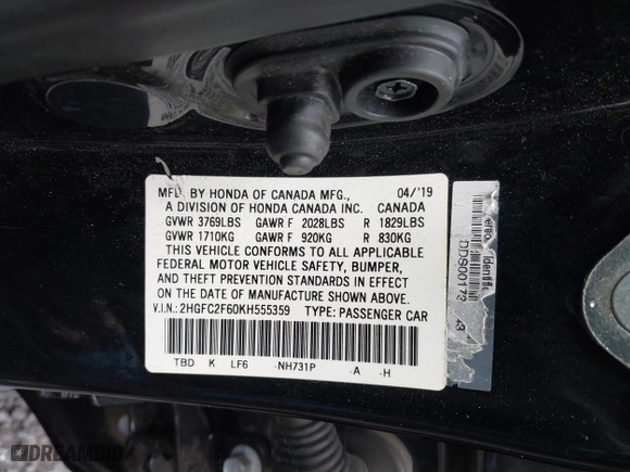 2019 Honda Civic Sedan LX with VIN 2HGFC2F60KH555359, listed as a IAAI auction lot 41626477 with 75,336 mi miles. Bid and sale history available at carsss.com. Image 9.