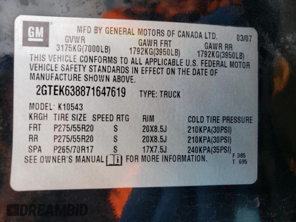 2007 GMC Sierra Denali z VIN 2GTEK638871647619, wystawiony jako Copart lot #87850375 z przebiegiem 158 019 mil mil oraz Szkody całkowita. Historia ofert i sprzedaży dostępna na DreamBid. Obrazek 13.