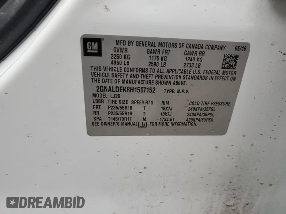 2017 Chevrolet Equinox Premier with VIN 2GNALDEK8H1507152, listed as a Copart auction lot 43799455 with 111,729 mi miles and Salvage Title. Bid and sale history available at carsss.com. Image 15.