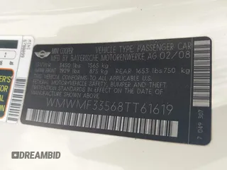 2008 MINI Hardtop with VIN WMWMF33568TT61619, listed as a IAAI auction lot 41997172 with Not Provided miles and . Bid and sale history available at DreamBid. Image 9.