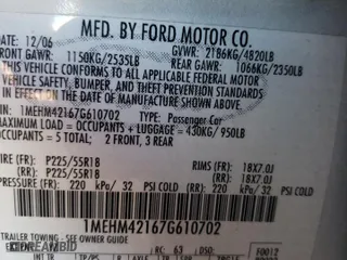2007 Mercury Montego Premier with VIN 1MEHM42167G610702, listed as a Copart auction lot 40715704 with 0 mi miles and Clean Title. Bid and sale history available at carsss.com. Image 12.
