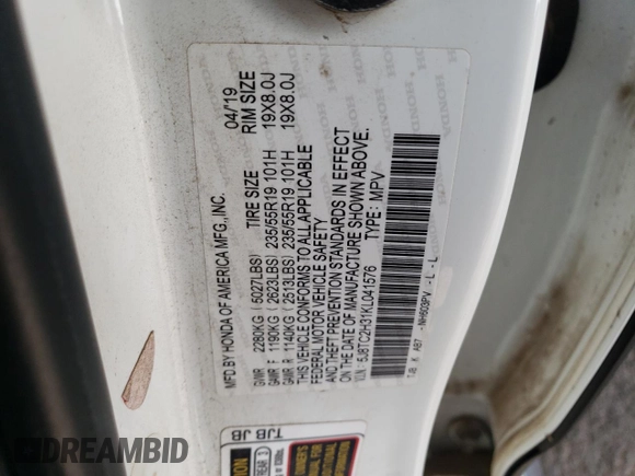 2019 Acura RDX with VIN 5J8TC2H31KL041576, listed as a Copart auction lot 53630195 with 75,325 mi miles and Salvage title. Bid and sale history available at DreamBid. Image 13.