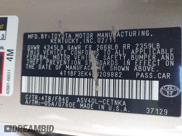 2011 Toyota Camry LE with VIN 4T1BF3EK4BU209882, listed as a IAAI auction lot 41853056 with 156,589 mi miles and . Bid and sale history available at carsss.com. Image 9.