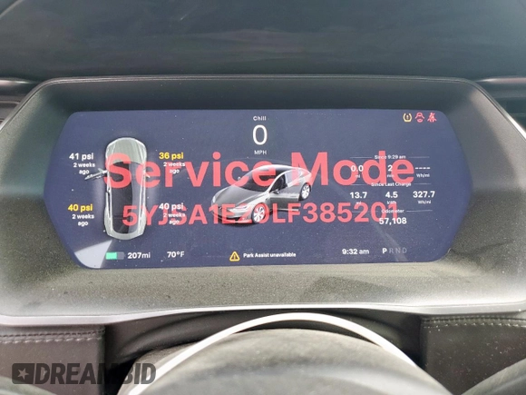 2020 Tesla Model S Long Range with VIN 5YJSA1E29LF385201, listed as a Copart auction lot 59536305 with 57,108 mi miles and Salvage title. Bid and sale history available at DreamBid. Image 9.