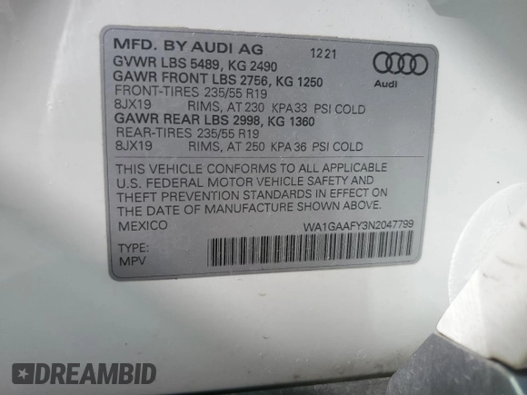 2022 Audi Q5 S line Premium with VIN WA1GAAFY3N2047799, listed as a Copart auction lot 52827315 with 22,846 mi miles and Salvage title. Bid and sale history available at DreamBid. Image 14.