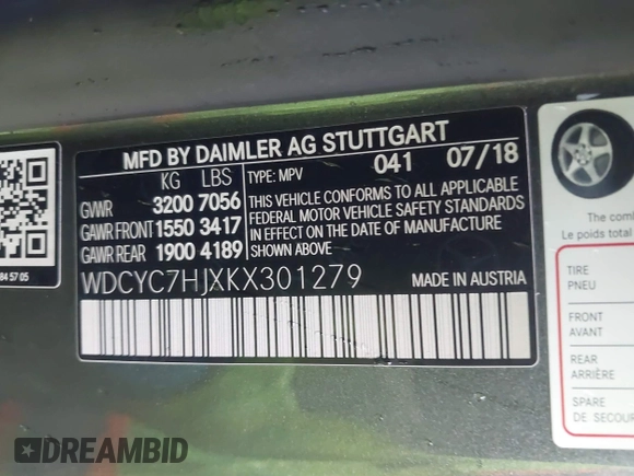 2019 Mercedes-Benz G 63 AMG with VIN WDCYC7HJXKX301279, listed as a IAAI auction lot 41427069 with 59,556 mi miles and . Bid and sale history available at DreamBid. Image 9.