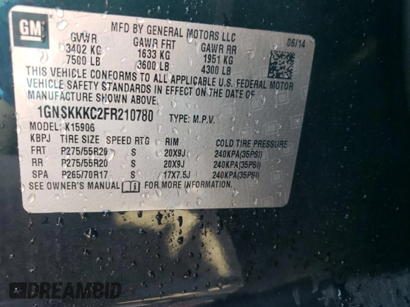 2015 Chevrolet Suburban LTZ with VIN 1GNSKKKC2FR210780, listed as a Copart auction lot 47207445 with 163,448 mi miles and Salvage Title. Bid and sale history available at carsss.com. Image 14.