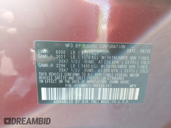 2021 Subaru Ascent Touring with VIN 4S4WMARD7M3406383, listed as a IAAI auction lot 42480287 with 72,560 mi miles and . Bid and sale history available at DreamBid. Image 9.