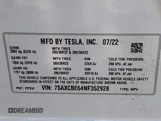 2022 Tesla Model X Plaid z VIN 7SAXCBE64NF352928, wystawiony jako IAAI lot #41406070 z przebiegiem 38 175 mil mil oraz . Historia ofert i sprzedaży dostępna na DreamBid. Obrazek 9.