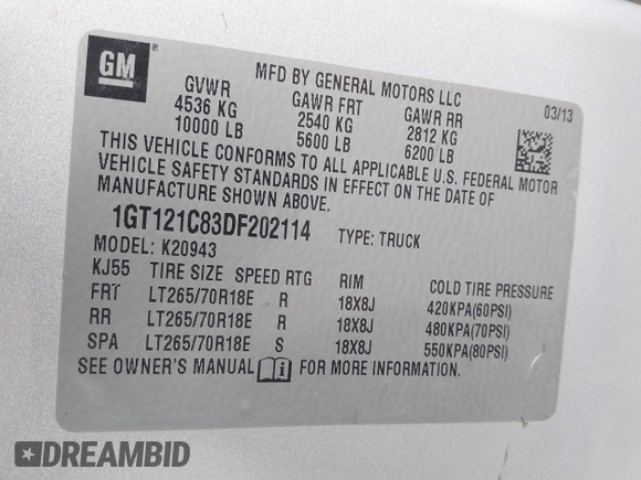 2013 GMC Sierra 2500HD SLT z VIN 1GT121C83DF202114, wystawiony jako IAAI lot #41669669 z przebiegiem 179 676 mil mil oraz . Historia ofert i sprzedaży dostępna na DreamBid. Obrazek 9.