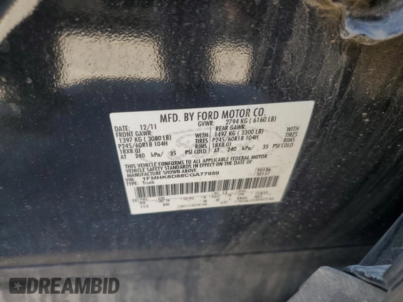 2012 Ford Explorer XLT with VIN 1FMHK8D88CGA77959, listed as a Copart auction lot 55329425 with 151,263 mi miles and Salvage title. Bid and sale history available at DreamBid. Image 13.