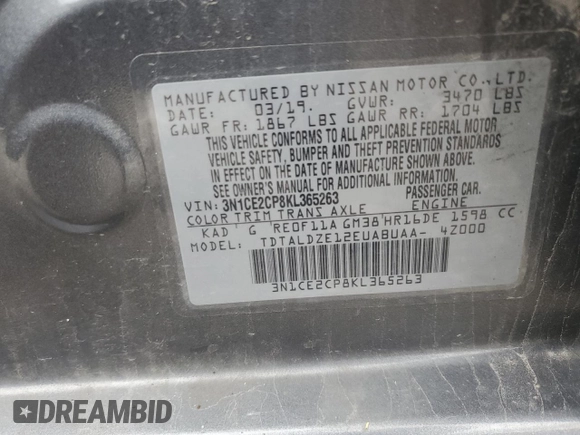 2019 Nissan Note SV с VIN 3N1CE2CP8KL365263, выставлен на аукционе Copart как лот 52802835 с пробегом 43 196 миль миль и Списание • Salvage title. История ставок и продаж доступна на DreamBid. Изображение 12.