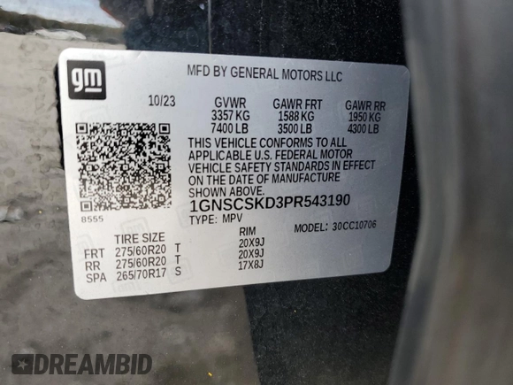 2023 Chevrolet Tahoe Premier z VIN 1GNSCSKD3PR543190, wystawiony jako Copart lot #80420224 z przebiegiem 9 999 mil mil oraz Szkoda całkowita • Salvage title. Historia ofert i sprzedaży dostępna na DreamBid. Obrazek 16.