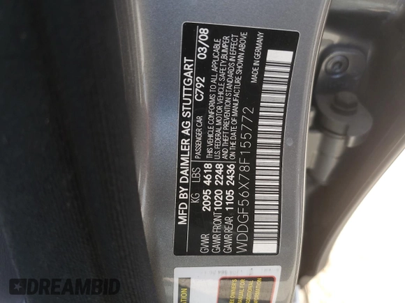 2008 Mercedes-Benz C 350 Sport with VIN WDDGF56X78F155772, listed as a Copart auction lot 55362405 with 117,260 mi miles and Salvage title. Bid and sale history available at DreamBid. Image 12.