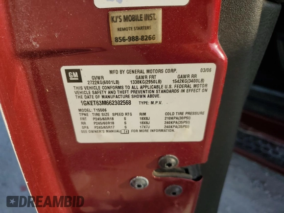 2006 GMC Envoy Denali z VIN 1GKET63M662302568, wystawiony jako Copart lot #44678975 z przebiegiem Nie podano mil oraz Szkoda całkowita • Salvage title. Historia ofert i sprzedaży dostępna na DreamBid. Obrazek 14.