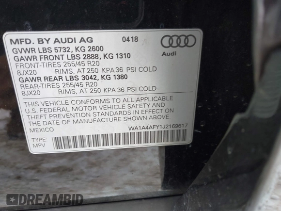 2018 Audi SQ5 Premium Plus z VIN WA1A4AFY1J2169617, wystawiony jako IAAI lot #41619017 z przebiegiem 53 477 mil mil oraz . Historia ofert i sprzedaży dostępna na DreamBid. Obrazek 9.