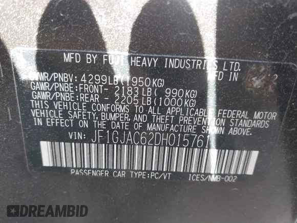 2013 Subaru Impreza Premium z VIN JF1GJAC62DH015761, wystawiony jako IAAI lot #41790672 z przebiegiem 176 475 mil mil oraz . Historia ofert i sprzedaży dostępna na DreamBid. Obrazek 9.