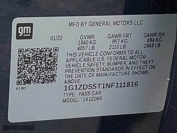 2022 Chevrolet Malibu LT with VIN 1G1ZD5ST1NF111816, listed as a IAAI auction lot 41395976 with 21,969 mi miles. Bid and sale history available at carsss.com. Image 9.