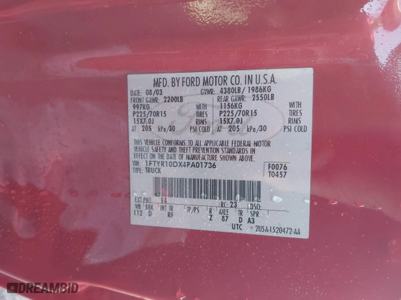 2004 Ford Ranger XL with VIN 1FTYR10DX4PA01736, listed as a IAAI auction lot 41618754 with 259,983 mi miles. Bid and sale history available at carsss.com. Image 9.