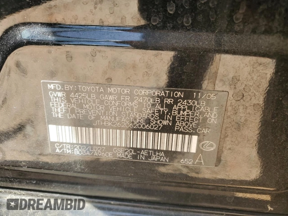 2006 Lexus IS 250 with VIN JTHBK262062006027, listed as a Copart auction lot 52679345 with 232,564 mi miles and Salvage Title. Bid and sale history available at DreamBid. Image 13.