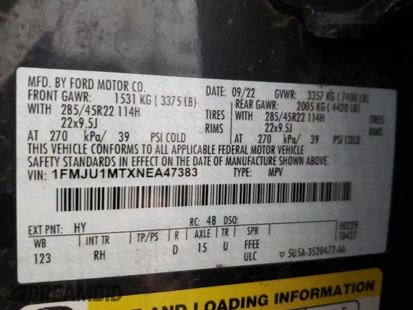 2022 Ford Expedition Platinum with VIN 1FMJU1MTXNEA47383, listed as a Copart auction lot 87005364 with 28,696 mi miles and Salvage title. Bid and sale history available at DreamBid. Image 15.