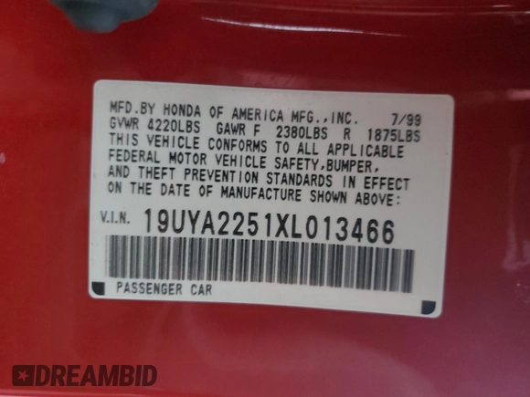 1999 Acura CL Premium z VIN 19UYA2251XL013466, wystawiony jako Copart lot #86105624 z przebiegiem 155 867 mil mil oraz Szkoda całkowita • Salvage title. Historia ofert i sprzedaży dostępna na DreamBid. Obrazek 12.