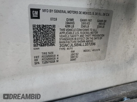 2020 Chevrolet Trax LT with VIN 3GNCJLSB4LL107206, listed as a Copart auction lot 62910035 with 135,480 mi miles and Salvage title. Bid and sale history available at DreamBid. Image 14.