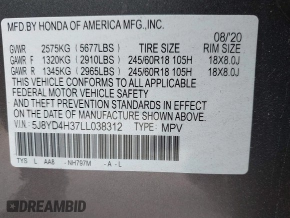 2020 Acura MDX with VIN 5J8YD4H37LL038312, listed as a IAAI auction lot 41149002 with 34,726 mi miles. Bid and sale history available at carsss.com. Image 9.