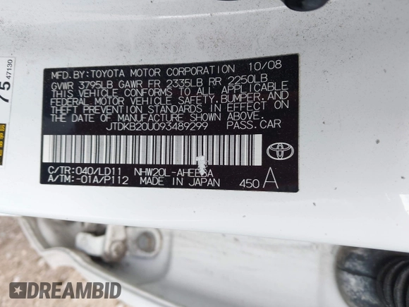 2009 Toyota Prius with VIN JTDKB20U093489299, listed as a IAAI auction lot 42099346 with 203,050 mi miles. Bid and sale history available at carsss.com. Image 9.
