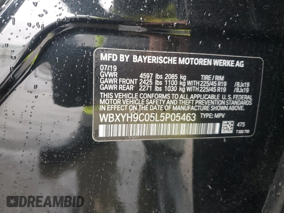 2020 BMW X2 sDrive28i with VIN WBXYH9C05L5P05463, listed as a Copart auction lot 47992555 with 46,529 mi miles and Non Repairable. Bid and sale history available at carsss.com. Image 13.