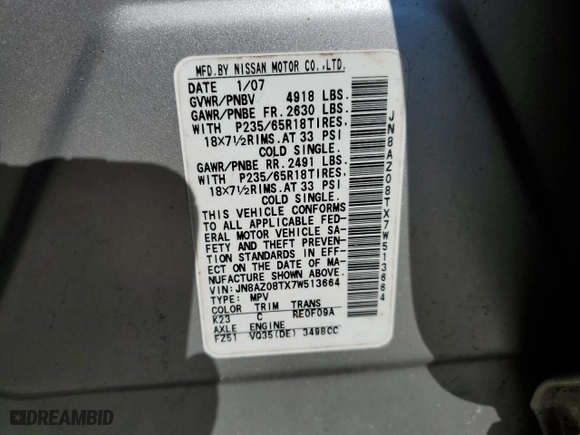 2007 Nissan Murano SL with VIN JN8AZ08TX7W513664, listed as a Copart auction lot 71996994 with 116,990 mi miles and Salvage Title. Bid and sale history available at carsss.com. Image 13.