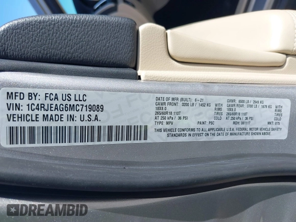 2021 Jeep Grand Cherokee Laredo E with VIN 1C4RJEAG6MC719089, listed as a IAAI auction lot 39290041 with 44,726 mi miles and . Bid and sale history available at DreamBid. Image 9.