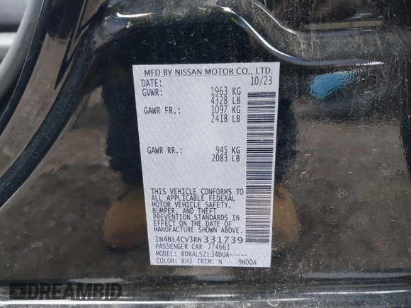 2024 Nissan Altima 2.5 SR with VIN 1N4BL4CV3RN331739, listed as a IAAI auction lot 42087459 with 47,546 mi miles. Bid and sale history available at carsss.com. Image 9.