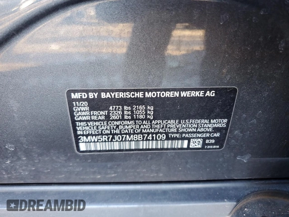 2021 BMW 3 Series 330i xDrive z VIN 3MW5R7J07M8B74109, wystawiony jako Copart lot #45685435 z przebiegiem Nie podano mil oraz Szkoda całkowita • Salvage title. Historia ofert i sprzedaży dostępna na DreamBid. Obrazek 12.